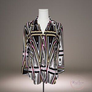 Essentials by Milano Blouse L – Geo Print Button Front Tunic Top
